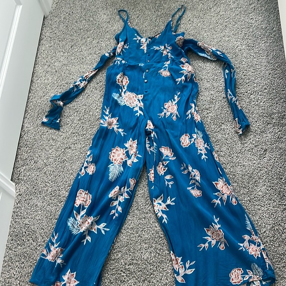 ROXY Romper Wheel & Palms Long Lightweight Wide Leg Sleeveless Jumpsuit *sz S* - Picture 1 of 3